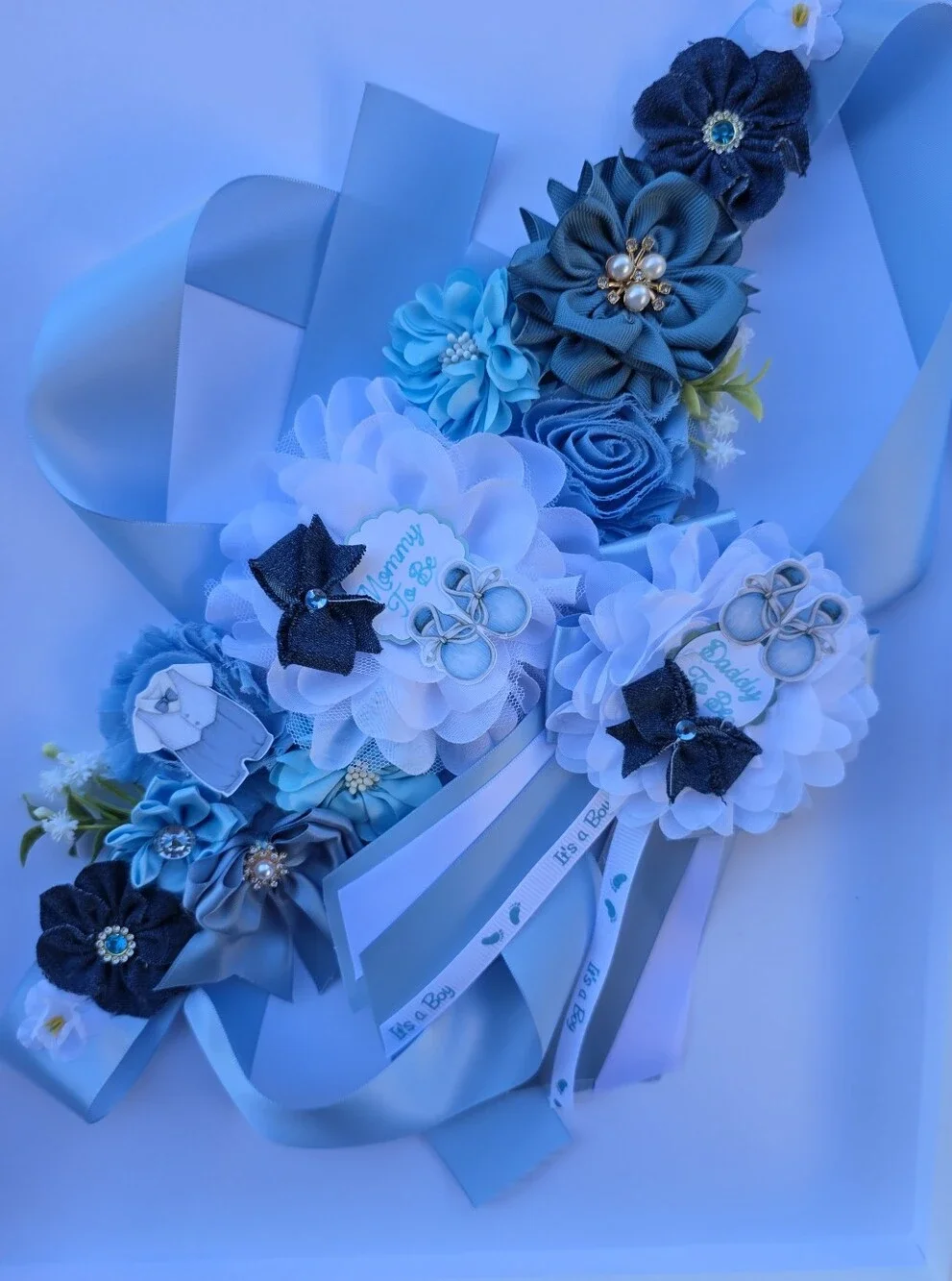 Handmade Blue and White Floral Ribbon Sash Belt